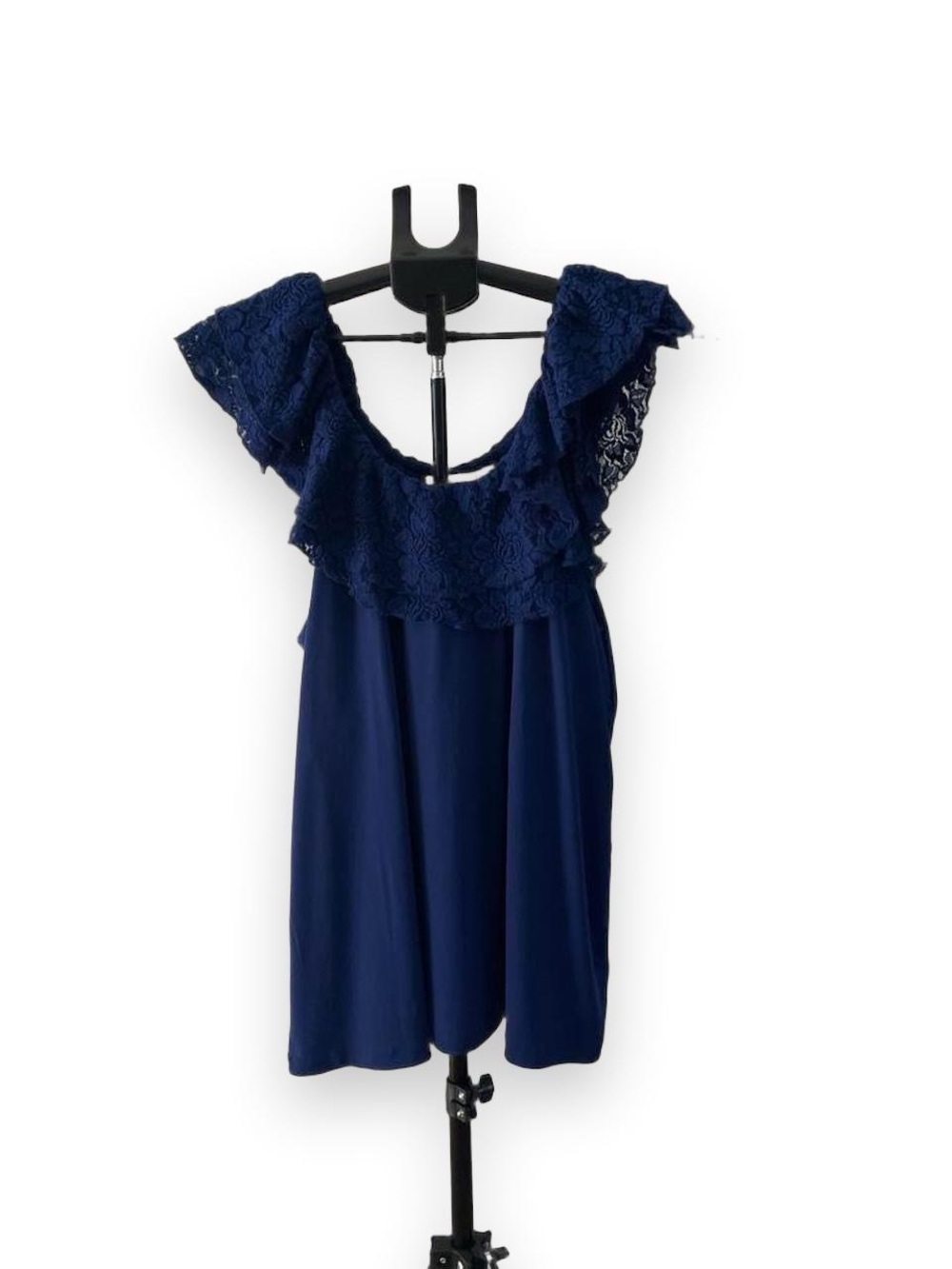 Attitudes by Renee Navy Lace Ruffle Blouse